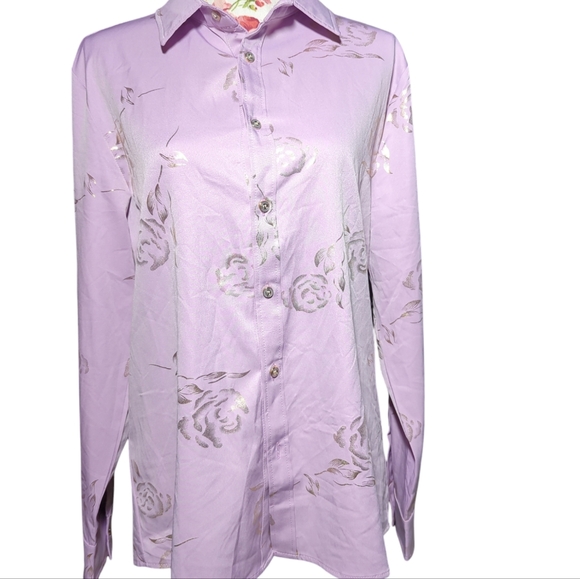 Lavender hipster button down with gold 3D roses size Men's medium - Picture 6 of 11